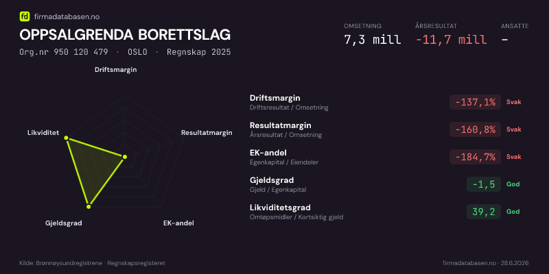 Økonomisk helseprofil for OPPSALGRENDA BORETTSLAG (Org.nr 950 120 479) i OSLO. Omsetning 7,3 mill, årsresultat −11,7 mill, driftsmargin -137,1 %, resultatmargin -160,8 %, EK-andel -184,7 %, gjeldsgrad -1,5, likviditetsgrad 39,2. Regnskap 2025. Kilde: firmadatabasen.no