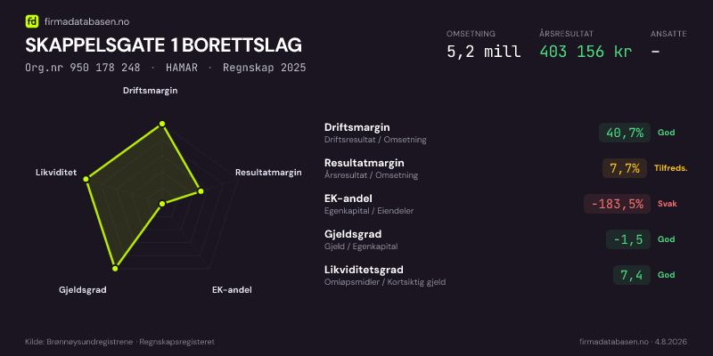 Økonomisk helseprofil for SKAPPELSGATE 1 BORETTSLAG (Org.nr 950 178 248) i HAMAR. Omsetning 5,2 mill, årsresultat 403 156 kr, driftsmargin 40,7 %, resultatmargin 7,7 %, EK-andel -183,5 %, gjeldsgrad -1,5, likviditetsgrad 7,4. Regnskap 2025. Kilde: firmadatabasen.no
