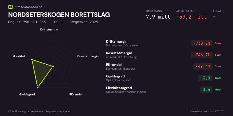 Økonomisk helseprofil for NORDSETERSKOGEN BORETTSLAG (Org.nr 950 201 835) i OSLO. Omsetning 7,9 mill, årsresultat −59,2 mill, driftsmargin -730,8 %, resultatmargin -746,7 %, EK-andel -49,4 %, gjeldsgrad -3,0, likviditetsgrad 3,4. Regnskap 2025. Kilde: firmadatabasen.no