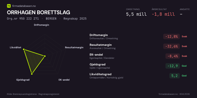 Økonomisk helseprofil for ORRHAGEN BORETTSLAG (Org.nr 950 222 271) i BERGEN. Omsetning 5,5 mill, årsresultat −1,8 mill, driftsmargin -12,8 %, resultatmargin -32,6 %, EK-andel -8,4 %, gjeldsgrad -12,9, likviditetsgrad 5,2. Regnskap 2025. Kilde: firmadatabasen.no