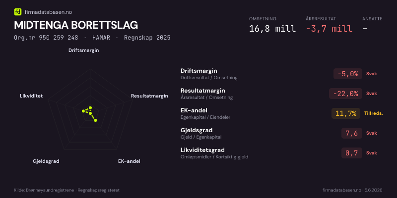 Økonomisk helseprofil for MIDTENGA BORETTSLAG (Org.nr 950 259 248) i HAMAR. Omsetning 16,8 mill, årsresultat −3,7 mill, driftsmargin -5,0 %, resultatmargin -22,0 %, EK-andel 11,7 %, gjeldsgrad 7,6, likviditetsgrad 0,7. Regnskap 2025. Kilde: firmadatabasen.no
