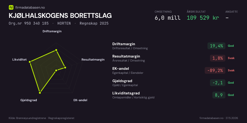 Økonomisk helseprofil for KJØLHALSKOGENS BORETTSLAG (Org.nr 950 340 185) i HORTEN. Omsetning 6,0 mill, årsresultat 109 529 kr, driftsmargin 19,4 %, resultatmargin 1,8 %, EK-andel -89,2 %, gjeldsgrad -2,1, likviditetsgrad 8,9. Regnskap 2025. Kilde: firmadatabasen.no