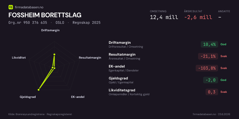 Økonomisk helseprofil for FOSSHEIM BORETTSLAG (Org.nr 950 376 635) i OSLO. Omsetning 12,4 mill, årsresultat −2,6 mill, driftsmargin 10,4 %, resultatmargin -21,1 %, EK-andel -103,8 %, gjeldsgrad -2,0, likviditetsgrad 0,3. Regnskap 2025. Kilde: firmadatabasen.no