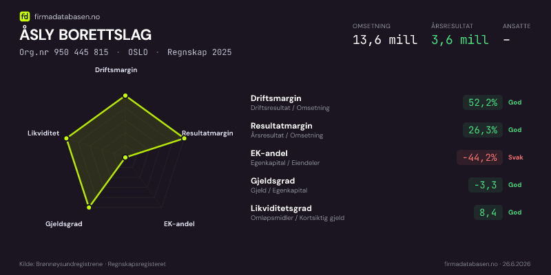 Økonomisk helseprofil for ÅSLY BORETTSLAG (Org.nr 950 445 815) i OSLO. Omsetning 13,6 mill, årsresultat 3,6 mill, driftsmargin 52,2 %, resultatmargin 26,3 %, EK-andel -44,2 %, gjeldsgrad -3,3, likviditetsgrad 8,4. Regnskap 2025. Kilde: firmadatabasen.no