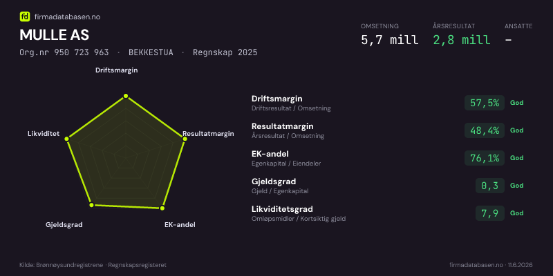 Økonomisk helseprofil for MULLE AS (Org.nr 950 723 963) i BEKKESTUA. Omsetning 5,7 mill, årsresultat 2,8 mill, driftsmargin 57,5 %, resultatmargin 48,4 %, EK-andel 76,1 %, gjeldsgrad 0,3, likviditetsgrad 7,9. Regnskap 2025. Kilde: firmadatabasen.no