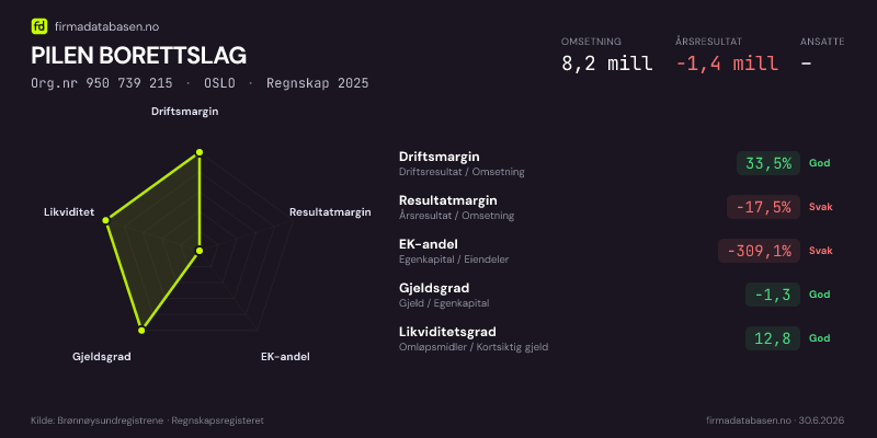 Økonomisk helseprofil for PILEN BORETTSLAG (Org.nr 950 739 215) i OSLO. Omsetning 8,2 mill, årsresultat −1,4 mill, driftsmargin 33,5 %, resultatmargin -17,5 %, EK-andel -309,1 %, gjeldsgrad -1,3, likviditetsgrad 12,8. Regnskap 2025. Kilde: firmadatabasen.no