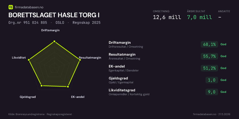 Økonomisk helseprofil for BORETTSLAGET HASLE TORG I (Org.nr 951 024 805) i OSLO. Omsetning 12,6 mill, årsresultat 7,0 mill, driftsmargin 68,1 %, resultatmargin 55,7 %, EK-andel 51,2 %, gjeldsgrad 1,0, likviditetsgrad 9,0. Regnskap 2025. Kilde: firmadatabasen.no