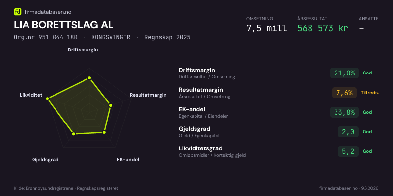 Økonomisk helseprofil for LIA BORETTSLAG AL (Org.nr 951 044 180) i KONGSVINGER. Omsetning 7,5 mill, årsresultat 568 573 kr, driftsmargin 21,0 %, resultatmargin 7,6 %, EK-andel 33,8 %, gjeldsgrad 2,0, likviditetsgrad 5,2. Regnskap 2025. Kilde: firmadatabasen.no