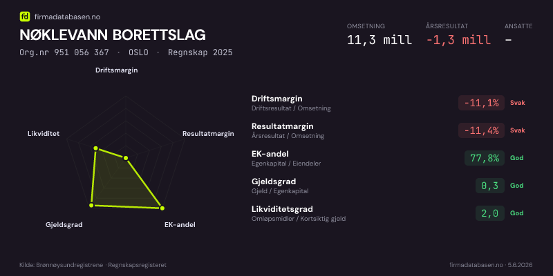 Økonomisk helseprofil for NØKLEVANN BORETTSLAG (Org.nr 951 056 367) i OSLO. Omsetning 11,3 mill, årsresultat −1,3 mill, driftsmargin -11,1 %, resultatmargin -11,4 %, EK-andel 77,8 %, gjeldsgrad 0,3, likviditetsgrad 2,0. Regnskap 2025. Kilde: firmadatabasen.no