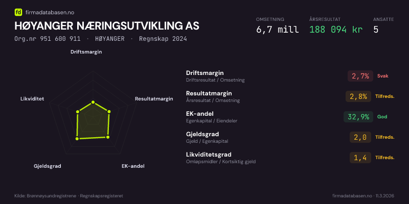 Økonomisk helseprofil for HØYANGER NÆRINGSUTVIKLING AS (Org.nr 951 600 911) i HØYANGER. Omsetning 6,7 mill, årsresultat 188 094 kr, driftsmargin 2,7 %, resultatmargin 2,8 %, EK-andel 32,9 %, gjeldsgrad 2,0, likviditetsgrad 1,4. Regnskap 2024. Kilde: firmadatabasen.no