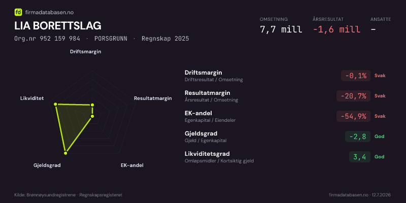 Økonomisk helseprofil for LIA BORETTSLAG (Org.nr 952 159 984) i PORSGRUNN. Omsetning 7,7 mill, årsresultat −1,6 mill, driftsmargin -0,1 %, resultatmargin -20,7 %, EK-andel -54,9 %, gjeldsgrad -2,8, likviditetsgrad 3,4. Regnskap 2025. Kilde: firmadatabasen.no