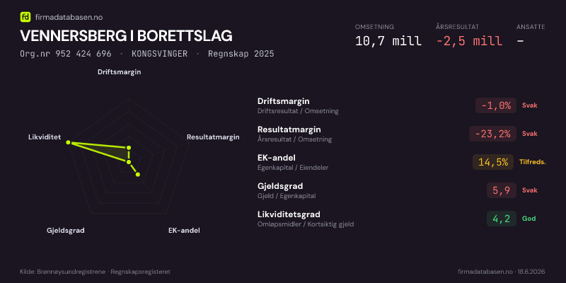 Økonomisk helseprofil for VENNERSBERG I BORETTSLAG (Org.nr 952 424 696) i KONGSVINGER. Omsetning 10,7 mill, årsresultat −2,5 mill, driftsmargin -1,0 %, resultatmargin -23,2 %, EK-andel 14,5 %, gjeldsgrad 5,9, likviditetsgrad 4,2. Regnskap 2025. Kilde: firmadatabasen.no