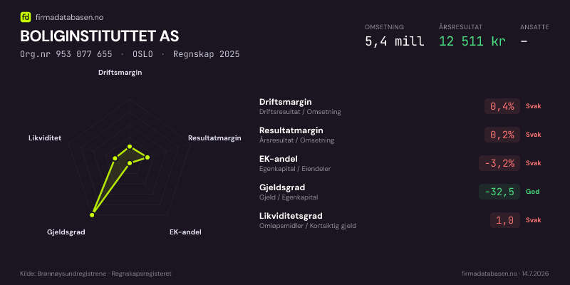 Økonomisk helseprofil for BOLIGINSTITUTTET AS (Org.nr 953 077 655) i OSLO. Omsetning 5,4 mill, årsresultat 12 511 kr, driftsmargin 0,4 %, resultatmargin 0,2 %, EK-andel -3,2 %, gjeldsgrad -32,5, likviditetsgrad 1,0. Regnskap 2025. Kilde: firmadatabasen.no