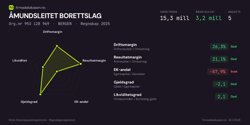 Økonomisk helseprofil for ÅMUNDSLEITET BORETTSLAG (Org.nr 953 128 969) i BERGEN. Omsetning 15,3 mill, årsresultat 3,2 mill, driftsmargin 26,3 %, resultatmargin 21,1 %, EK-andel -87,9 %, gjeldsgrad -2,1, likviditetsgrad 2,1. Regnskap 2025. Kilde: firmadatabasen.no