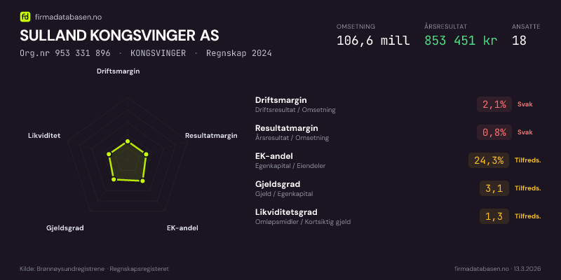 Økonomisk helseprofil for SULLAND KONGSVINGER AS (Org.nr 953 331 896) i KONGSVINGER. Omsetning 106,6 mill, årsresultat 853 451 kr, driftsmargin 2,1 %, resultatmargin 0,8 %, EK-andel 24,3 %, gjeldsgrad 3,1, likviditetsgrad 1,3. Regnskap 2024. Kilde: firmadatabasen.no