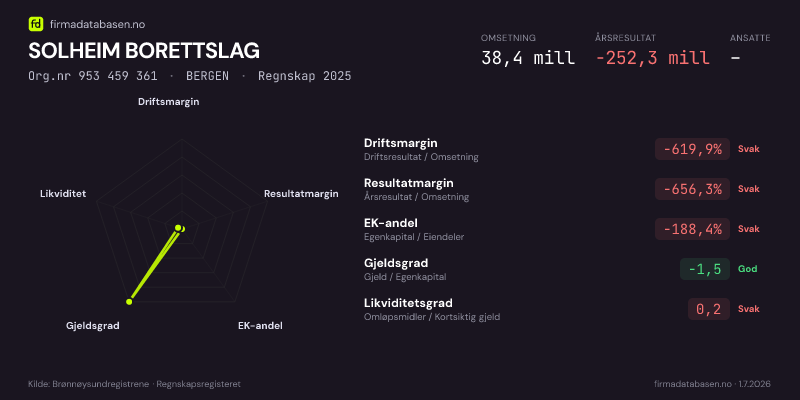 Økonomisk helseprofil for SOLHEIM BORETTSLAG (Org.nr 953 459 361) i BERGEN. Omsetning 38,4 mill, årsresultat −252,3 mill, driftsmargin -619,9 %, resultatmargin -656,3 %, EK-andel -188,4 %, gjeldsgrad -1,5, likviditetsgrad 0,2. Regnskap 2025. Kilde: firmadatabasen.no