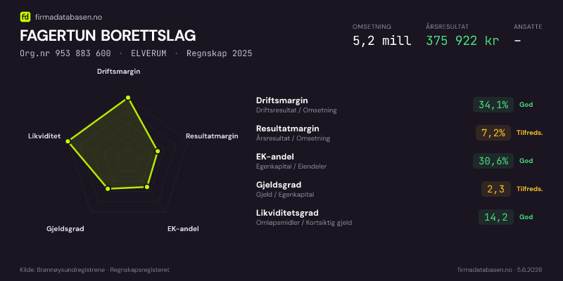 Økonomisk helseprofil for FAGERTUN BORETTSLAG (Org.nr 953 883 600) i ELVERUM. Omsetning 5,2 mill, årsresultat 375 922 kr, driftsmargin 34,1 %, resultatmargin 7,2 %, EK-andel 30,6 %, gjeldsgrad 2,3, likviditetsgrad 14,2. Regnskap 2025. Kilde: firmadatabasen.no
