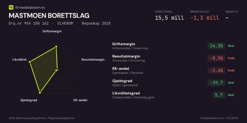 Økonomisk helseprofil for MASTMOEN BORETTSLAG (Org.nr 954 100 162) i ELVERUM. Omsetning 15,5 mill, årsresultat −1,3 mill, driftsmargin 24,3 %, resultatmargin -8,5 %, EK-andel -2,6 %, gjeldsgrad -39,7, likviditetsgrad 5,7. Regnskap 2025. Kilde: firmadatabasen.no