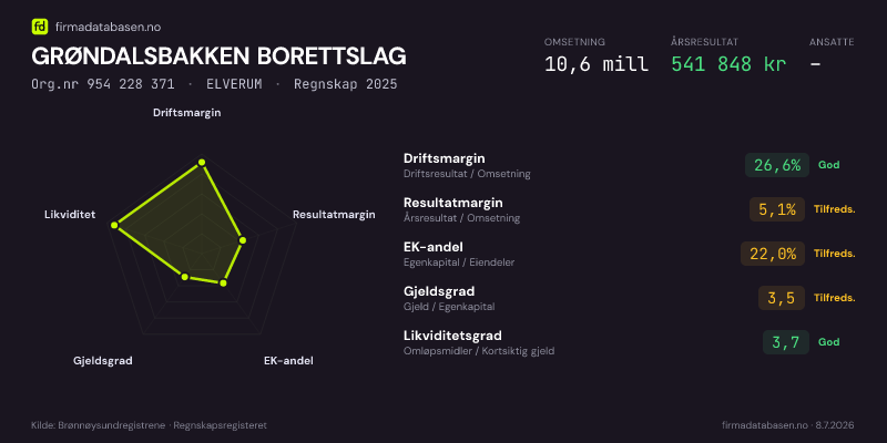 Økonomisk helseprofil for GRØNDALSBAKKEN BORETTSLAG (Org.nr 954 228 371) i ELVERUM. Omsetning 10,6 mill, årsresultat 541 848 kr, driftsmargin 26,6 %, resultatmargin 5,1 %, EK-andel 22,0 %, gjeldsgrad 3,5, likviditetsgrad 3,7. Regnskap 2025. Kilde: firmadatabasen.no
