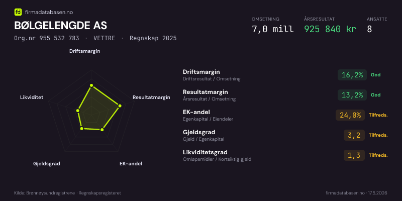 Økonomisk helseprofil for BØLGELENGDE AS (Org.nr 955 532 783) i VETTRE. Omsetning 6,9 mill, årsresultat 973 845 kr, driftsmargin 17,5 %, resultatmargin 14,2 %, EK-andel 24,1 %, gjeldsgrad 3,2, likviditetsgrad 1,3. Regnskap 2024. Kilde: firmadatabasen.no