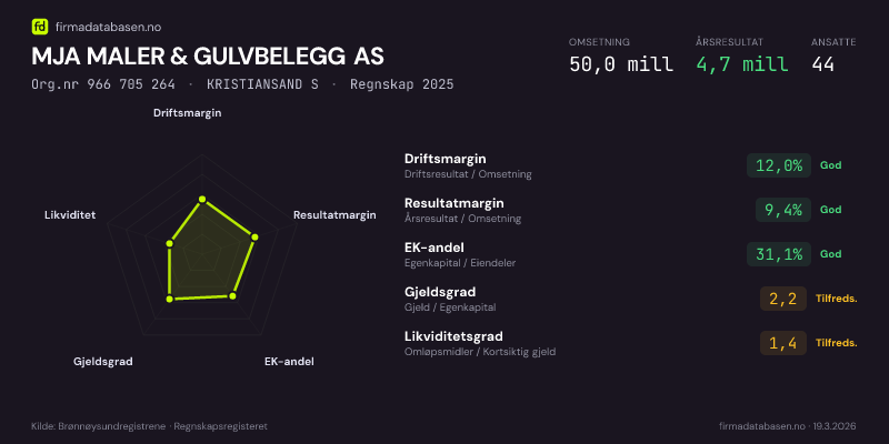Økonomisk helseprofil for MJA MALER & GULVBELEGG AS (Org.nr 966 705 264) i KRISTIANSAND S. Omsetning 50,0 mill, årsresultat 4,7 mill, driftsmargin 12,0 %, resultatmargin 9,4 %, EK-andel 31,1 %, gjeldsgrad 2,2, likviditetsgrad 1,4. Regnskap 2025. Kilde: firmadatabasen.no
