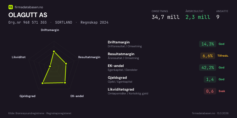 Økonomisk helseprofil for OLAGUTT AS (Org.nr 968 571 303) i SORTLAND. Omsetning 34,7 mill, årsresultat 2,3 mill, driftsmargin 14,3 %, resultatmargin 6,6 %, EK-andel 42,2 %, gjeldsgrad 1,4, likviditetsgrad 0,6. Regnskap 2024. Kilde: firmadatabasen.no