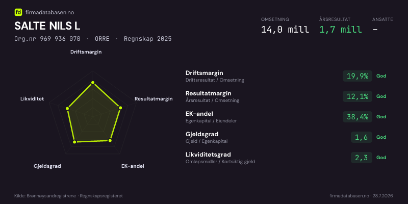 Økonomisk helseprofil for SALTE NILS L (Org.nr 969 936 070) i ORRE. Omsetning 14,0 mill, årsresultat 1,7 mill, driftsmargin 19,9 %, resultatmargin 12,1 %, EK-andel 38,4 %, gjeldsgrad 1,6, likviditetsgrad 2,3. Regnskap 2025. Kilde: firmadatabasen.no