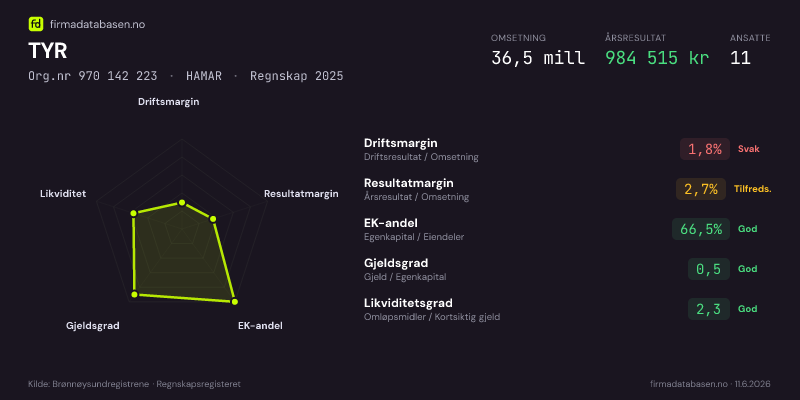 Økonomisk helseprofil for TYR (Org.nr 970 142 223) i HAMAR. Omsetning 36,5 mill, årsresultat 984 515 kr, driftsmargin 1,8 %, resultatmargin 2,7 %, EK-andel 66,5 %, gjeldsgrad 0,5, likviditetsgrad 2,3. Regnskap 2025. Kilde: firmadatabasen.no