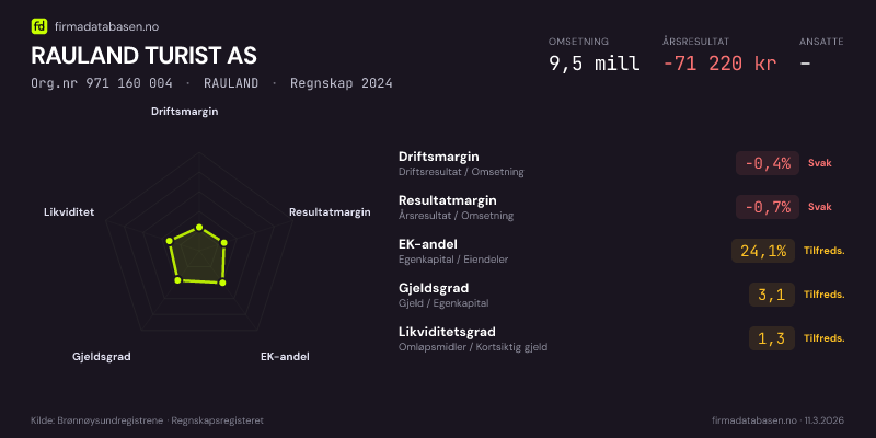 Økonomisk helseprofil for RAULAND TURIST AS (Org.nr 971 160 004) i RAULAND. Omsetning 9,5 mill, årsresultat −71 220 kr, driftsmargin -0,4 %, resultatmargin -0,7 %, EK-andel 24,1 %, gjeldsgrad 3,1, likviditetsgrad 1,3. Regnskap 2024. Kilde: firmadatabasen.no