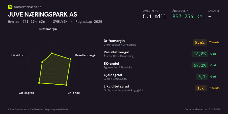 Økonomisk helseprofil for JUVE NÆRINGSPARK AS (Org.nr 971 194 626) i SVELVIK. Omsetning 5,2 mill, årsresultat 2,6 mill, driftsmargin 53,7 %, resultatmargin 49,9 %, EK-andel 93,8 %, gjeldsgrad 0,1, likviditetsgrad 10,1. Regnskap 2024. Kilde: firmadatabasen.no