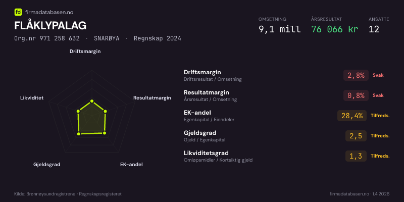 Økonomisk helseprofil for FLÅKLYPALAG (Org.nr 971 258 632) i SNARØYA. Omsetning 9,1 mill, årsresultat 76 066 kr, driftsmargin 2,8 %, resultatmargin 0,8 %, EK-andel 28,4 %, gjeldsgrad 2,5, likviditetsgrad 1,3. Regnskap 2024. Kilde: firmadatabasen.no