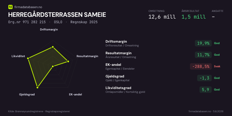 Økonomisk helseprofil for HERREGÅRDSTERRASSEN SAMEIE (Org.nr 971 282 215) i OSLO. Omsetning 12,6 mill, årsresultat 1,5 mill, driftsmargin 19,9 %, resultatmargin 11,7 %, EK-andel -288,5 %, gjeldsgrad -1,3, likviditetsgrad 5,9. Regnskap 2025. Kilde: firmadatabasen.no