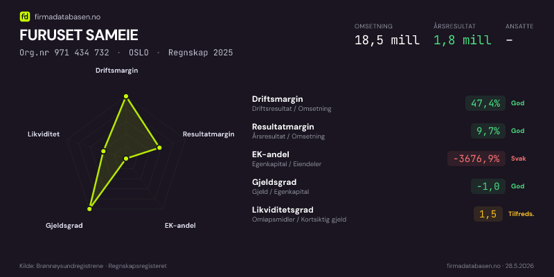 Økonomisk helseprofil for FURUSET SAMEIE (Org.nr 971 434 732) i OSLO. Omsetning 18,5 mill, årsresultat 1,8 mill, driftsmargin 47,4 %, resultatmargin 9,7 %, EK-andel -3676,9 %, gjeldsgrad -1,0, likviditetsgrad 1,5. Regnskap 2025. Kilde: firmadatabasen.no