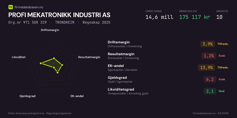 Økonomisk helseprofil for PROFI MEKATRONIKK INDUSTRI AS (Org.nr 971 508 329) i TRONDHEIM. Omsetning 14,6 mill, årsresultat 175 117 kr, driftsmargin 3,9 %, resultatmargin 1,2 %, EK-andel 13,9 %, gjeldsgrad 6,2, likviditetsgrad 2,1. Regnskap 2025. Kilde: firmadatabasen.no