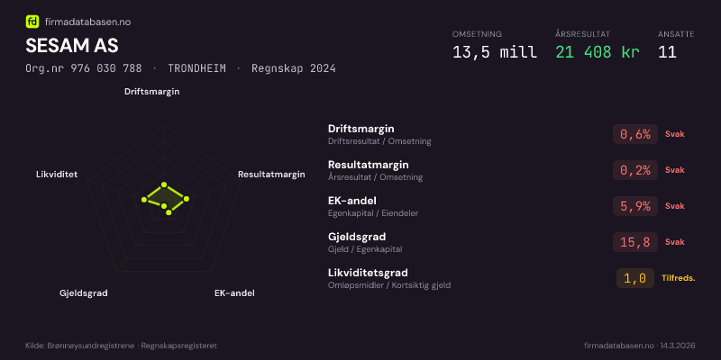 Økonomisk helseprofil for SESAM AS (Org.nr 976 030 788) i TRONDHEIM. Omsetning 13,5 mill, årsresultat 21 408 kr, driftsmargin 0,6 %, resultatmargin 0,2 %, EK-andel 5,9 %, gjeldsgrad 15,8, likviditetsgrad 1,0. Regnskap 2024. Kilde: firmadatabasen.no