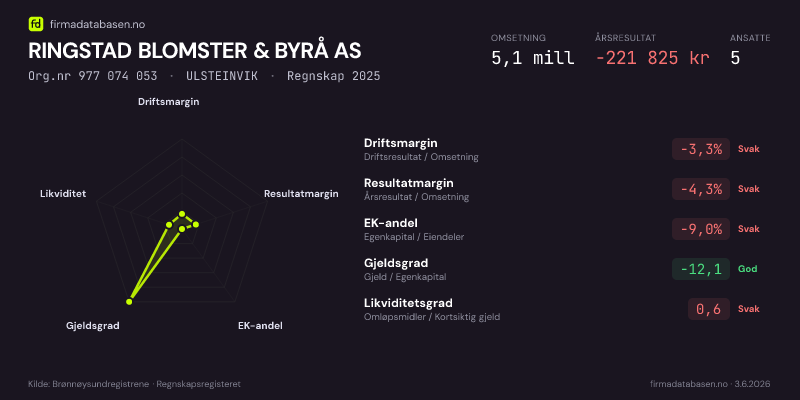 Økonomisk helseprofil for RINGSTAD BLOMSTER & BYRÅ AS (Org.nr 977 074 053) i ULSTEINVIK. Omsetning 5,1 mill, årsresultat −221 825 kr, driftsmargin -3,3 %, resultatmargin -4,3 %, EK-andel -9,0 %, gjeldsgrad -12,1, likviditetsgrad 0,6. Regnskap 2025. Kilde: firmadatabasen.no