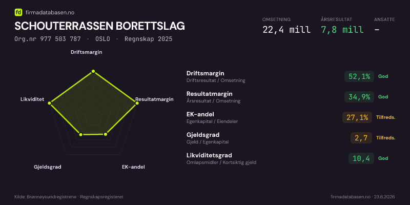 Økonomisk helseprofil for SCHOUTERRASSEN BORETTSLAG (Org.nr 977 503 787) i OSLO. Omsetning 22,4 mill, årsresultat 7,8 mill, driftsmargin 52,1 %, resultatmargin 34,9 %, EK-andel 27,1 %, gjeldsgrad 2,7, likviditetsgrad 10,4. Regnskap 2025. Kilde: firmadatabasen.no