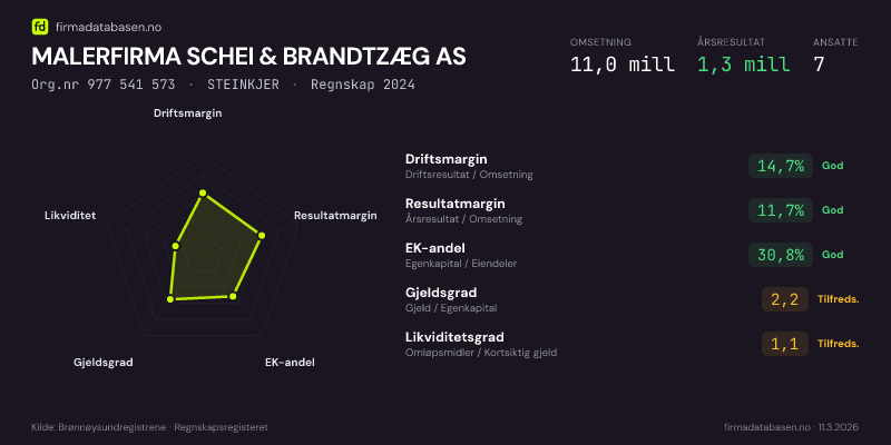 Økonomisk helseprofil for MALERFIRMA SCHEI & BRANDTZÆG AS (Org.nr 977 541 573) i STEINKJER. Omsetning 11,0 mill, årsresultat 1,3 mill, driftsmargin 14,7 %, resultatmargin 11,7 %, EK-andel 30,8 %, gjeldsgrad 2,2, likviditetsgrad 1,1. Regnskap 2024. Kilde: firmadatabasen.no
