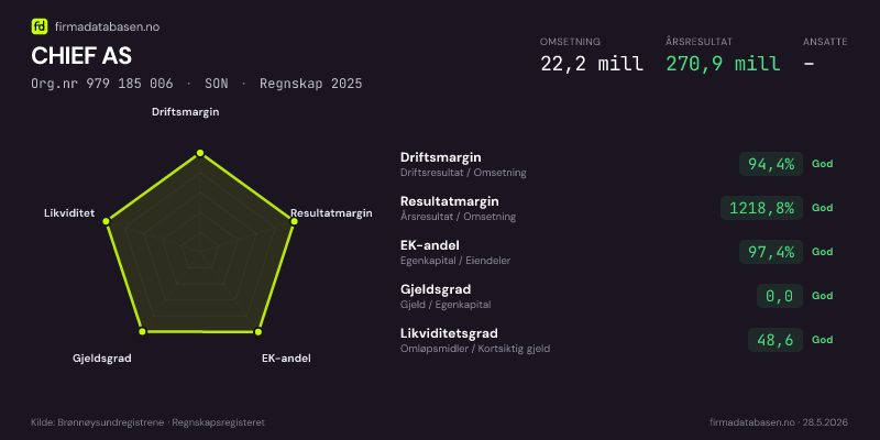 Økonomisk helseprofil for CHIEF AS (Org.nr 979 185 006) i SON. Omsetning 22,2 mill, årsresultat 270,9 mill, driftsmargin 94,4 %, resultatmargin 1218,8 %, EK-andel 97,4 %, gjeldsgrad 0,0, likviditetsgrad 48,6. Regnskap 2025. Kilde: firmadatabasen.no