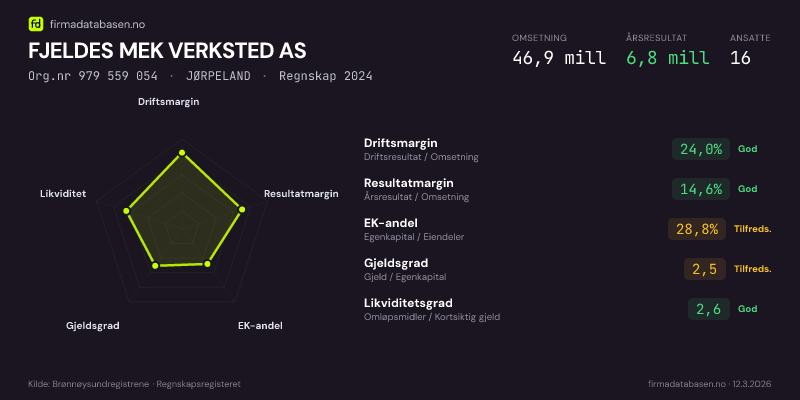 Økonomisk helseprofil for FJELDES MEK VERKSTED AS (Org.nr 979 559 054) i JØRPELAND. Omsetning 46,9 mill, årsresultat 6,8 mill, driftsmargin 24,0 %, resultatmargin 14,6 %, EK-andel 28,8 %, gjeldsgrad 2,5, likviditetsgrad 2,6. Regnskap 2024. Kilde: firmadatabasen.no