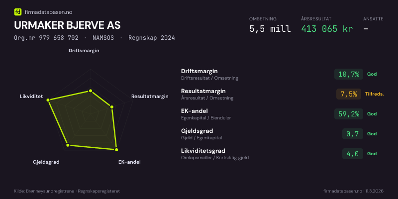 Økonomisk helseprofil for URMAKER BJERVE AS (Org.nr 979 658 702) i NAMSOS. Omsetning 5,5 mill, årsresultat 413 065 kr, driftsmargin 10,7 %, resultatmargin 7,5 %, EK-andel 59,2 %, gjeldsgrad 0,7, likviditetsgrad 4,0. Regnskap 2024. Kilde: firmadatabasen.no