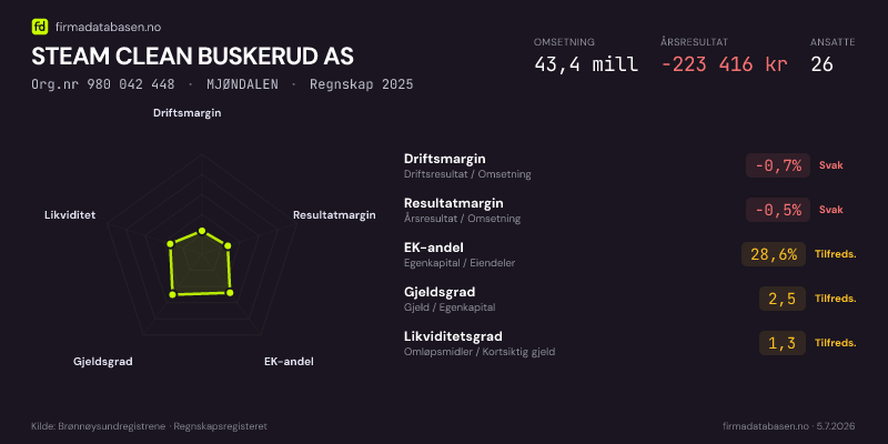 Økonomisk helseprofil for STEAM CLEAN BUSKERUD AS (Org.nr 980 042 448) i MJØNDALEN. Omsetning 43,4 mill, årsresultat −223 416 kr, driftsmargin -0,7 %, resultatmargin -0,5 %, EK-andel 28,6 %, gjeldsgrad 2,5, likviditetsgrad 1,3. Regnskap 2025. Kilde: firmadatabasen.no