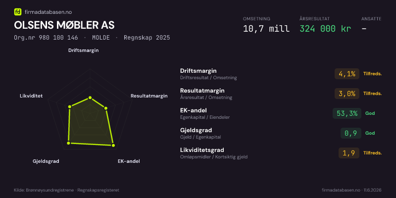 Økonomisk helseprofil for OLSENS MØBLER AS (Org.nr 980 100 146) i MOLDE. Omsetning 10,7 mill, årsresultat 324 000 kr, driftsmargin 4,1 %, resultatmargin 3,0 %, EK-andel 53,3 %, gjeldsgrad 0,9, likviditetsgrad 1,9. Regnskap 2025. Kilde: firmadatabasen.no