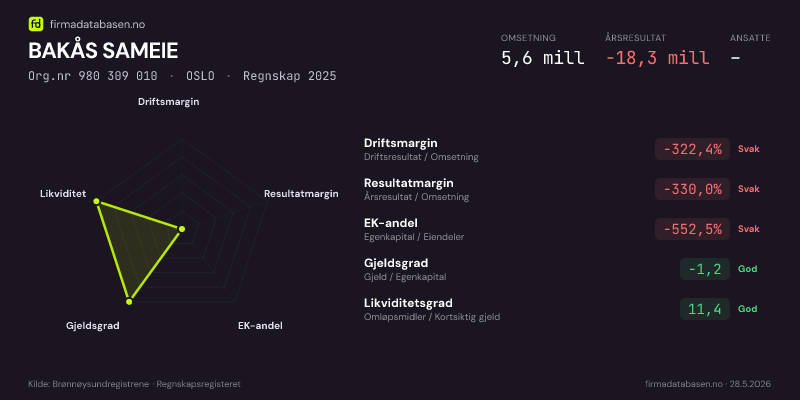 Økonomisk helseprofil for BAKÅS SAMEIE (Org.nr 980 309 010) i OSLO. Omsetning 5,6 mill, årsresultat −18,3 mill, driftsmargin -322,4 %, resultatmargin -330,0 %, EK-andel -552,5 %, gjeldsgrad -1,2, likviditetsgrad 11,4. Regnskap 2025. Kilde: firmadatabasen.no
