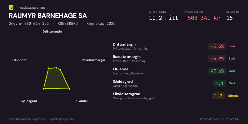 Økonomisk helseprofil for RAUMYR BARNEHAGE SA (Org.nr 980 614 123) i KONGSBERG. Omsetning 10,2 mill, årsresultat −503 341 kr, driftsmargin -5,3 %, resultatmargin -4,9 %, EK-andel 47,6 %, gjeldsgrad 1,1, likviditetsgrad 1,2. Regnskap 2025. Kilde: firmadatabasen.no