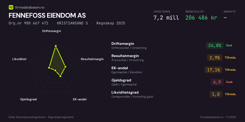 Økonomisk helseprofil for FENNEFOSS EIENDOM AS (Org.nr 980 667 472) i KRISTIANSAND S. Omsetning 7,2 mill, årsresultat 206 486 kr, driftsmargin 24,8 %, resultatmargin 2,9 %, EK-andel 17,1 %, gjeldsgrad 4,9, likviditetsgrad 1,0. Regnskap 2025. Kilde: firmadatabasen.no