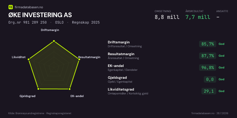 Økonomisk helseprofil for ØKE INVESTERING AS (Org.nr 981 289 250) i OSLO. Omsetning 8,8 mill, årsresultat 7,7 mill, driftsmargin 85,7 %, resultatmargin 87,7 %, EK-andel 96,8 %, gjeldsgrad 0,0, likviditetsgrad 29,1. Regnskap 2025. Kilde: firmadatabasen.no