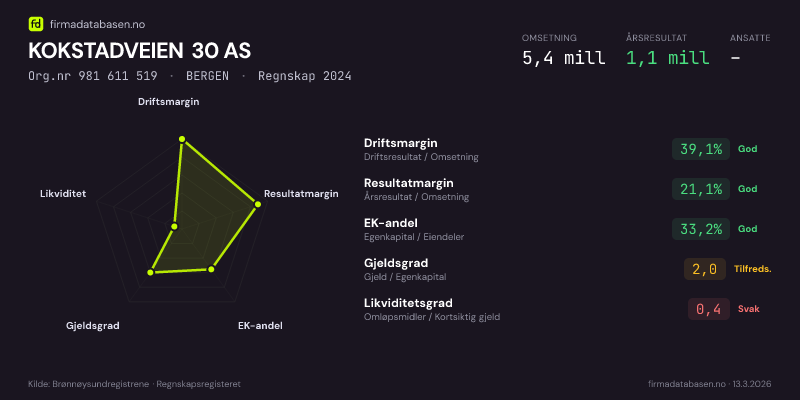 Økonomisk helseprofil for KOKSTADVEIEN 30 AS (Org.nr 981 611 519) i BERGEN. Omsetning 5,4 mill, årsresultat 1,1 mill, driftsmargin 39,1 %, resultatmargin 21,1 %, EK-andel 33,2 %, gjeldsgrad 2,0, likviditetsgrad 0,4. Regnskap 2024. Kilde: firmadatabasen.no