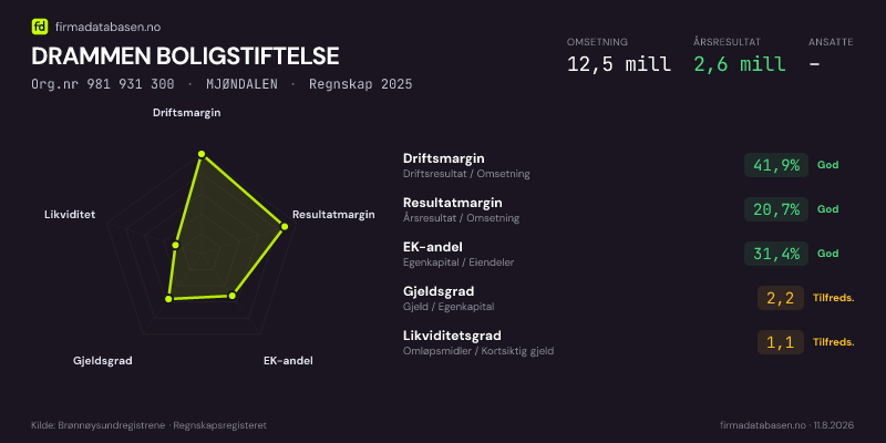 Økonomisk helseprofil for DRAMMEN BOLIGSTIFTELSE (Org.nr 981 931 300) i MJØNDALEN. Omsetning 12,5 mill, årsresultat 2,6 mill, driftsmargin 41,9 %, resultatmargin 20,7 %, EK-andel 31,4 %, gjeldsgrad 2,2, likviditetsgrad 1,1. Regnskap 2025. Kilde: firmadatabasen.no