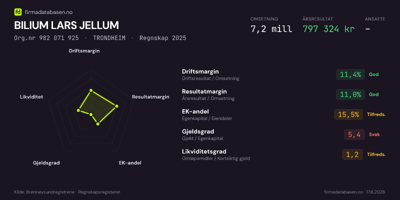 Økonomisk helseprofil for BILIUM LARS JELLUM (Org.nr 982 071 925) i TRONDHEIM. Omsetning 7,2 mill, årsresultat 797 324 kr, driftsmargin 11,4 %, resultatmargin 11,0 %, EK-andel 15,5 %, gjeldsgrad 5,4, likviditetsgrad 1,2. Regnskap 2025. Kilde: firmadatabasen.no